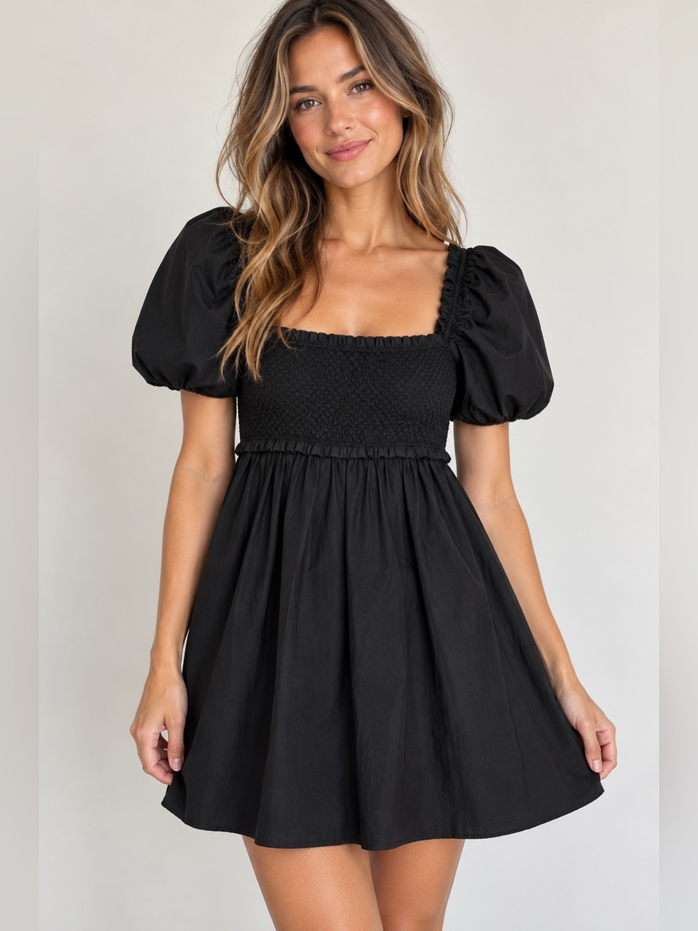 Sunday Best Hadley Poplin Dress Black XS Puff Sleeve Smocked